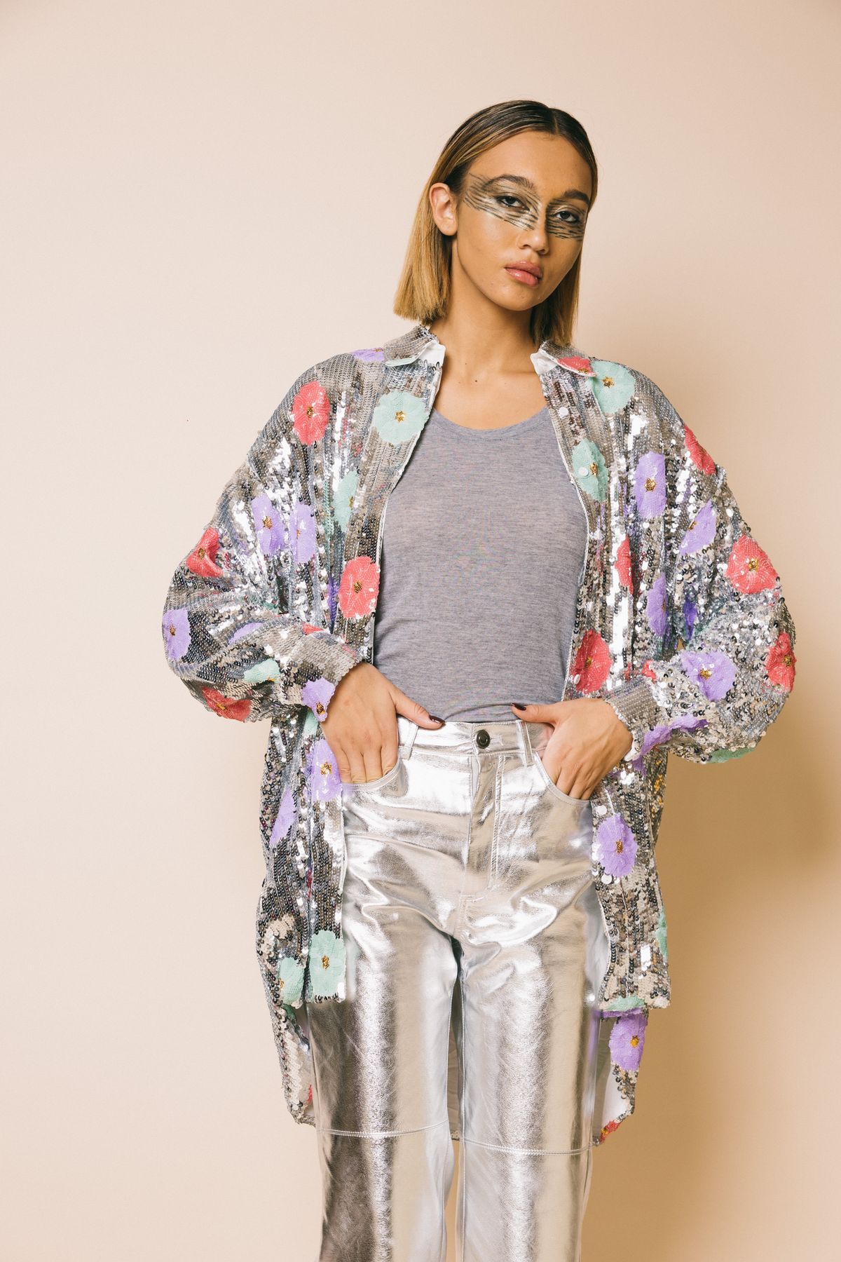 Ka7216 silver  camicie  glamorous  silver sequin, m